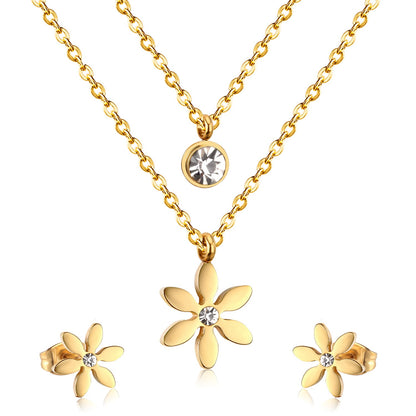Gold/Steel Two-Chain Pendant Jewelry Set with Diamonds in the Shape of a Snowflake