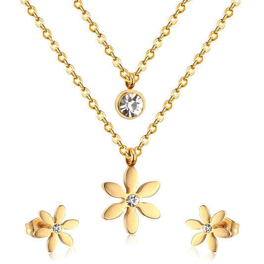 Gold/Steel Two-Chain Pendant Jewelry Set with Diamonds in the Shape of a Snowflake