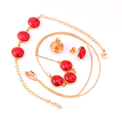 Steel/Gold Deep Red Chrysoberyl/Blue Turquoise/Red Turquoise + Bracelet Jewelry Set