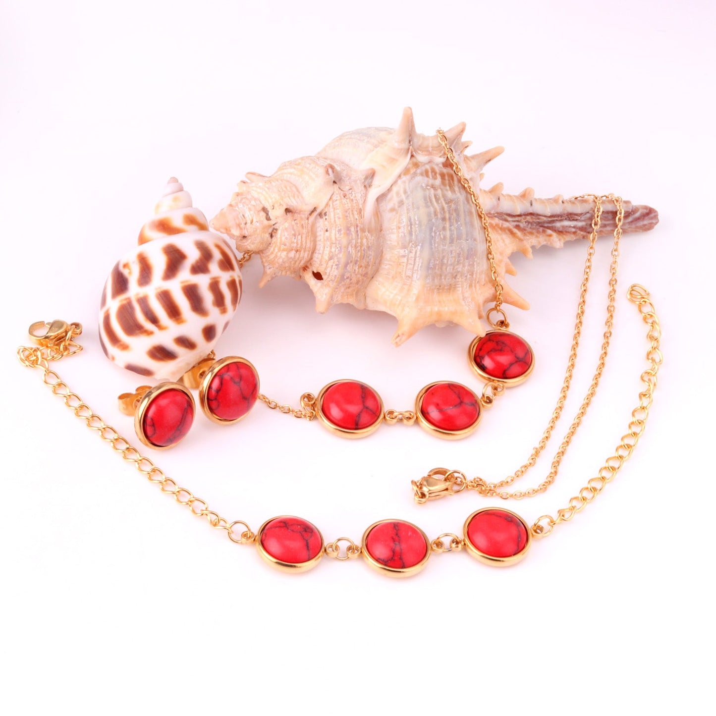 Steel/Gold Deep Red Chrysoberyl/Blue Turquoise/Red Turquoise + Bracelet Jewelry Set