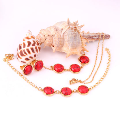 Steel/Gold Deep Red Chrysoberyl/Blue Turquoise/Red Turquoise + Bracelet Jewelry Set