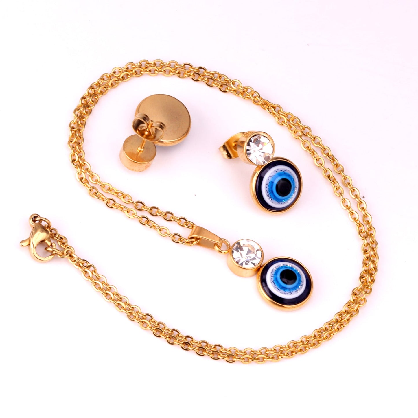 Steel/Golden Glitter Eye Pendant Jewelry Set with Diamonds