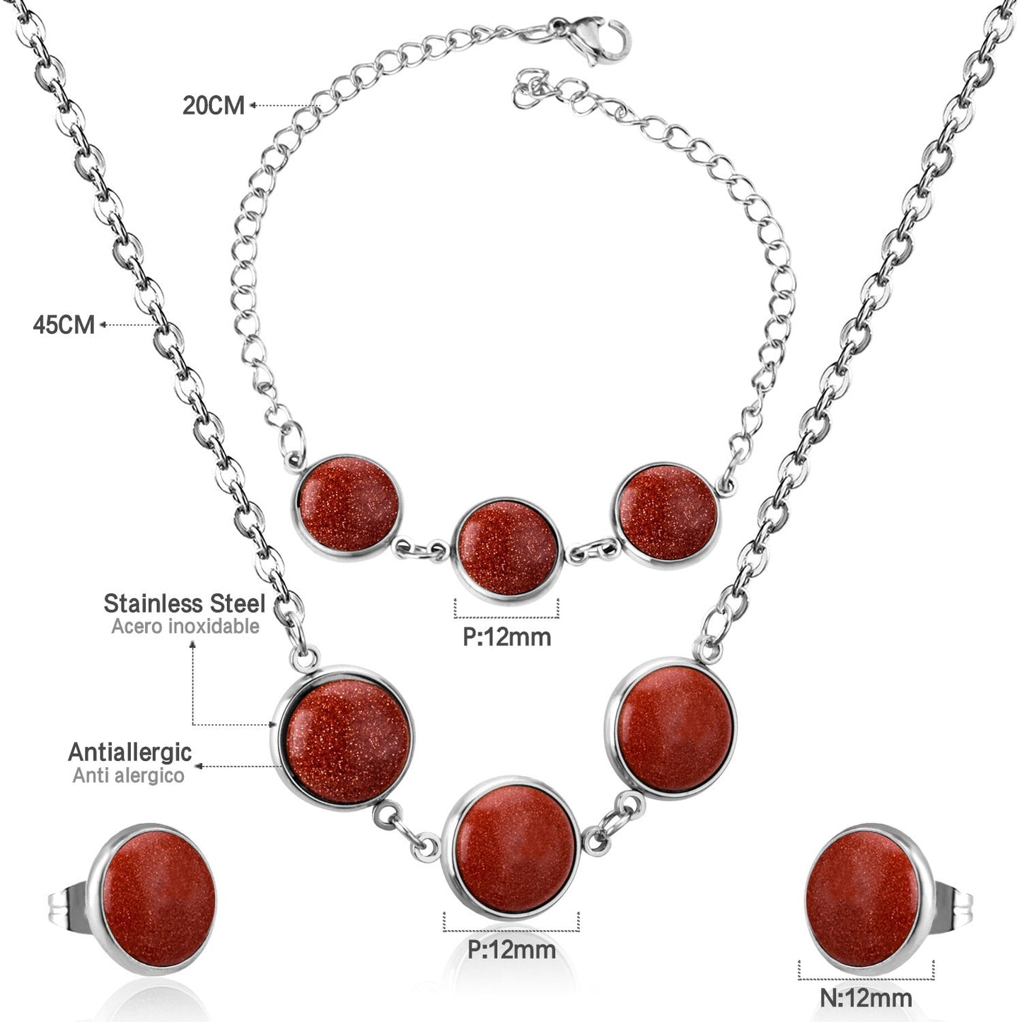 Steel/Gold Deep Red Chrysoberyl/Blue Turquoise/Red Turquoise + Bracelet Jewelry Set