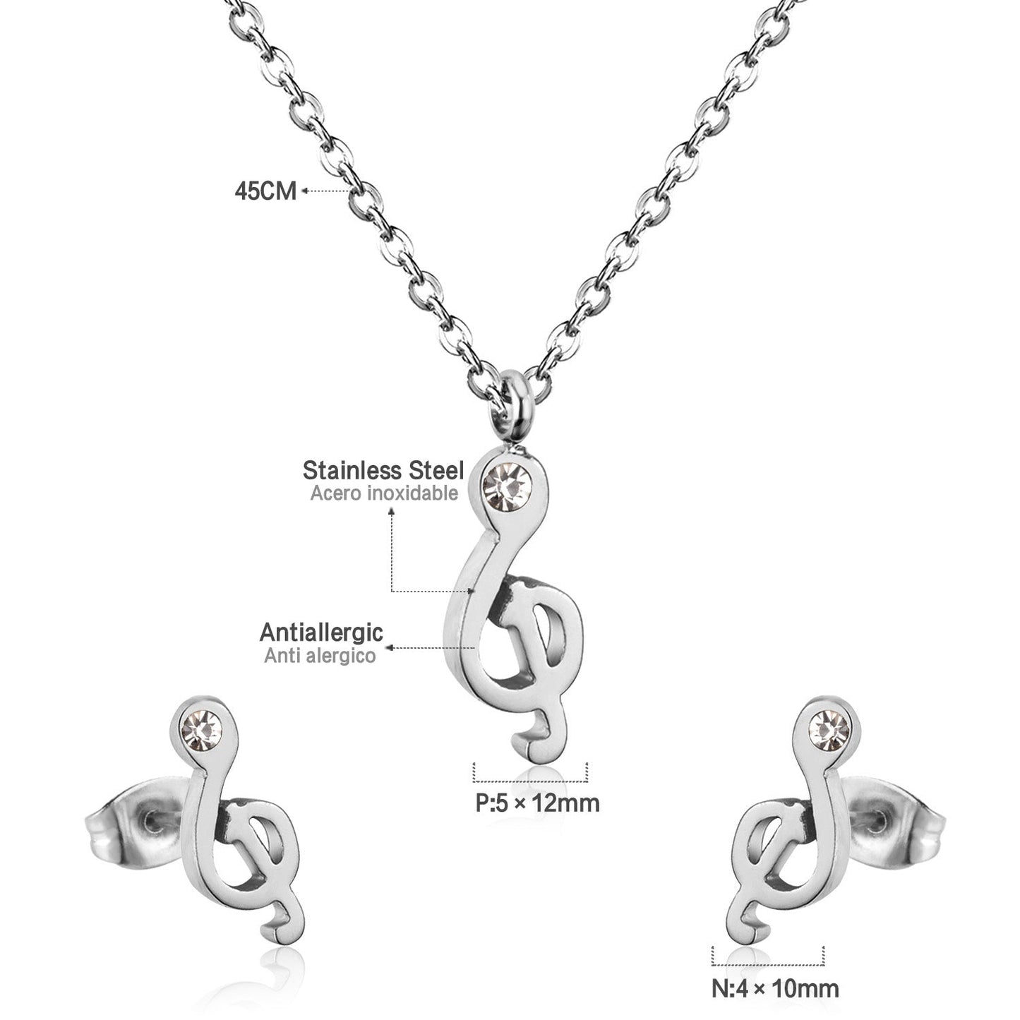 Gold/Steel Music Note Cut Jewelry Set with Diamonds