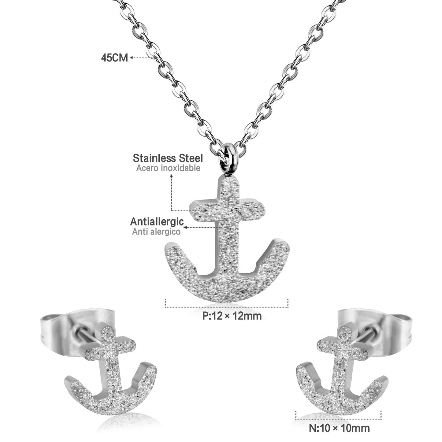 Gold/Steel Frosted/Smooth Cut Anchor Shape Jewelry Set with/without Diamonds