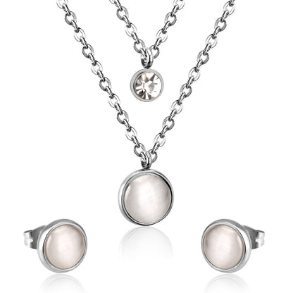 Gold/Steel with Diamonds Double Chain White Cat's Eye Stone Jewelry Set