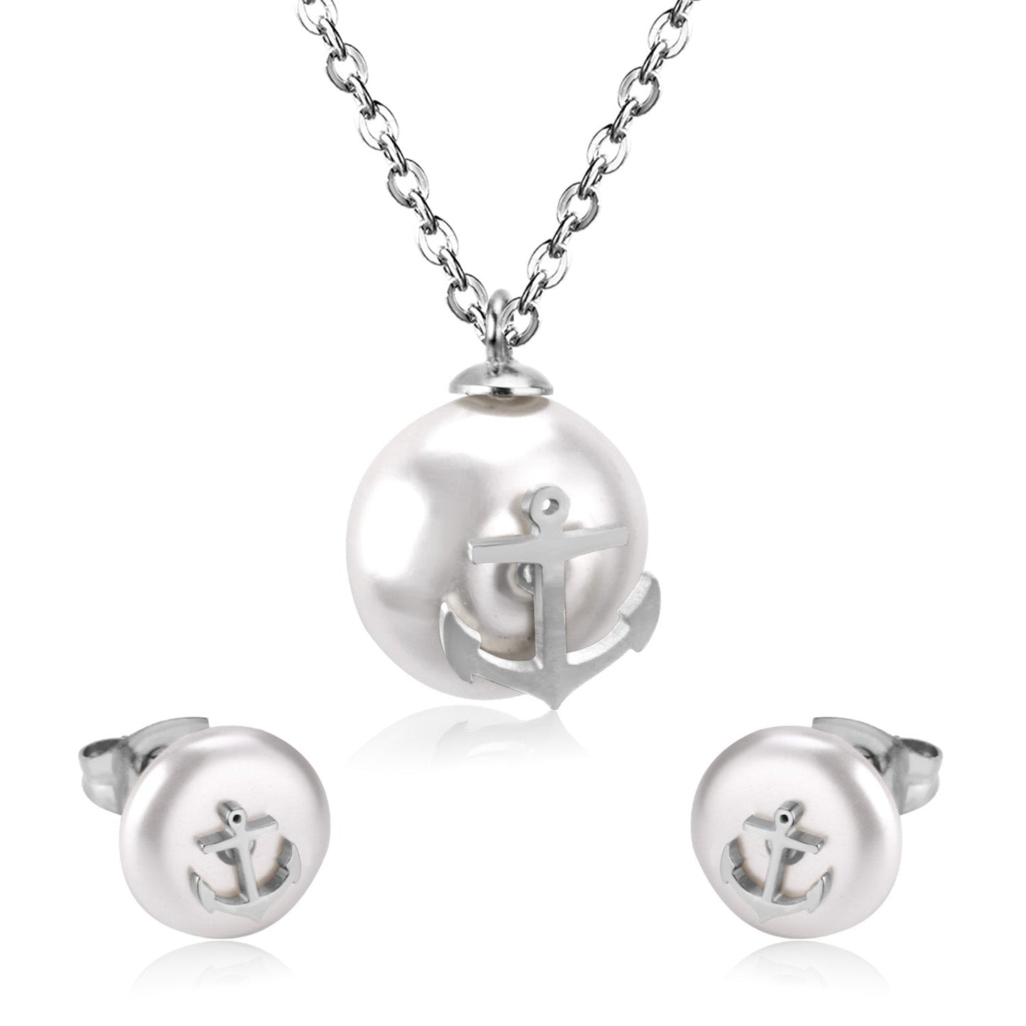 Steel/golden white pearl + anchor cut jewelry set