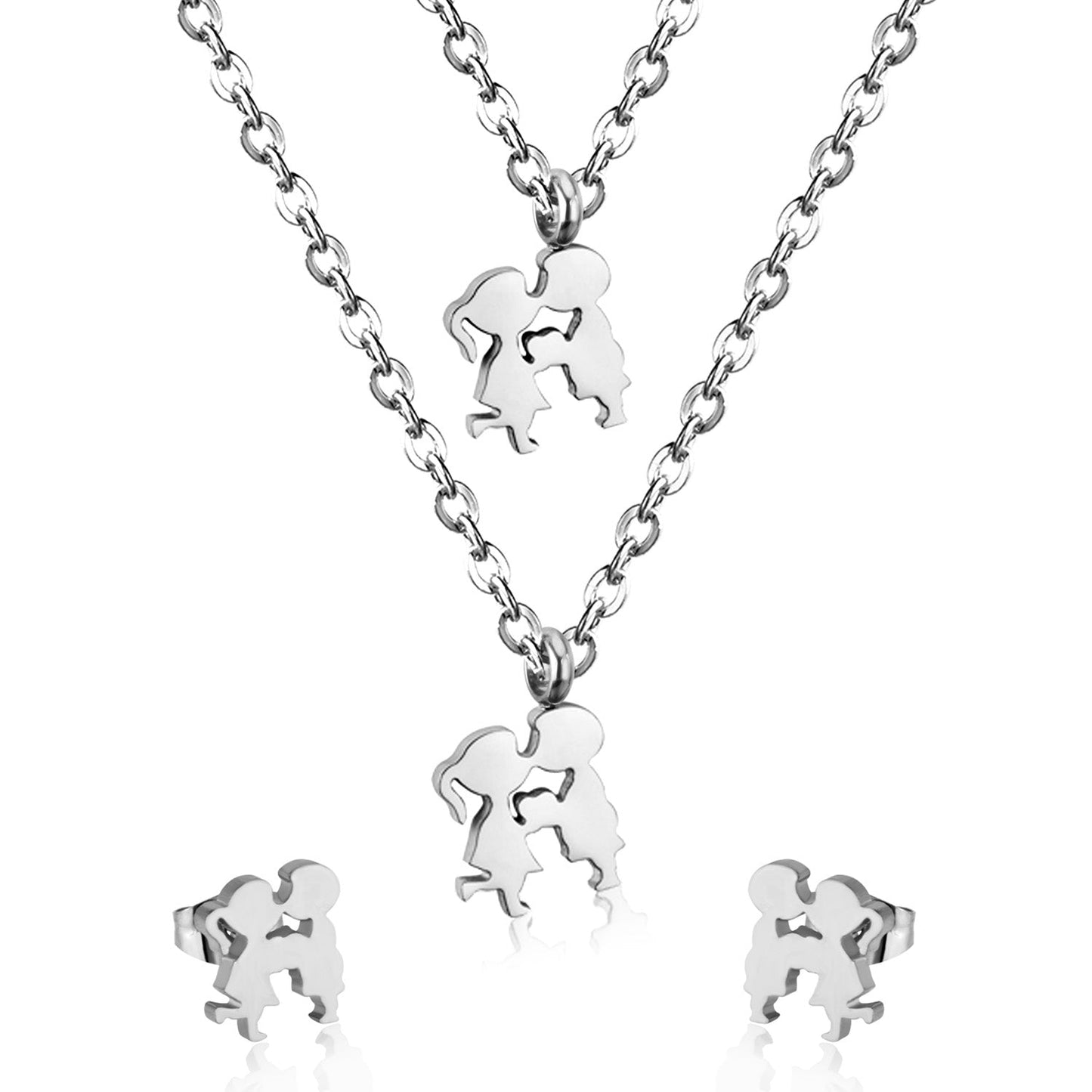 Gold/steel two children playing double chain pendant jewelry set