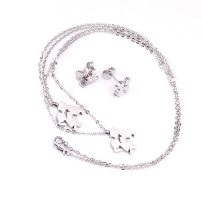 Gold/steel two children playing double chain pendant jewelry set