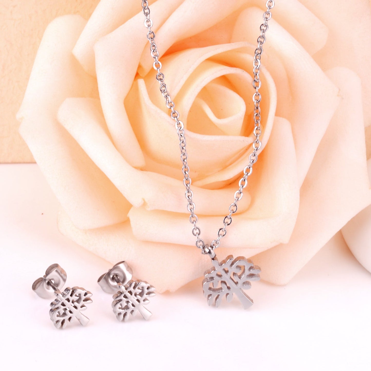 Gold/Steel Frosted/Smooth Flower Shape Jewelry Set without Diamonds