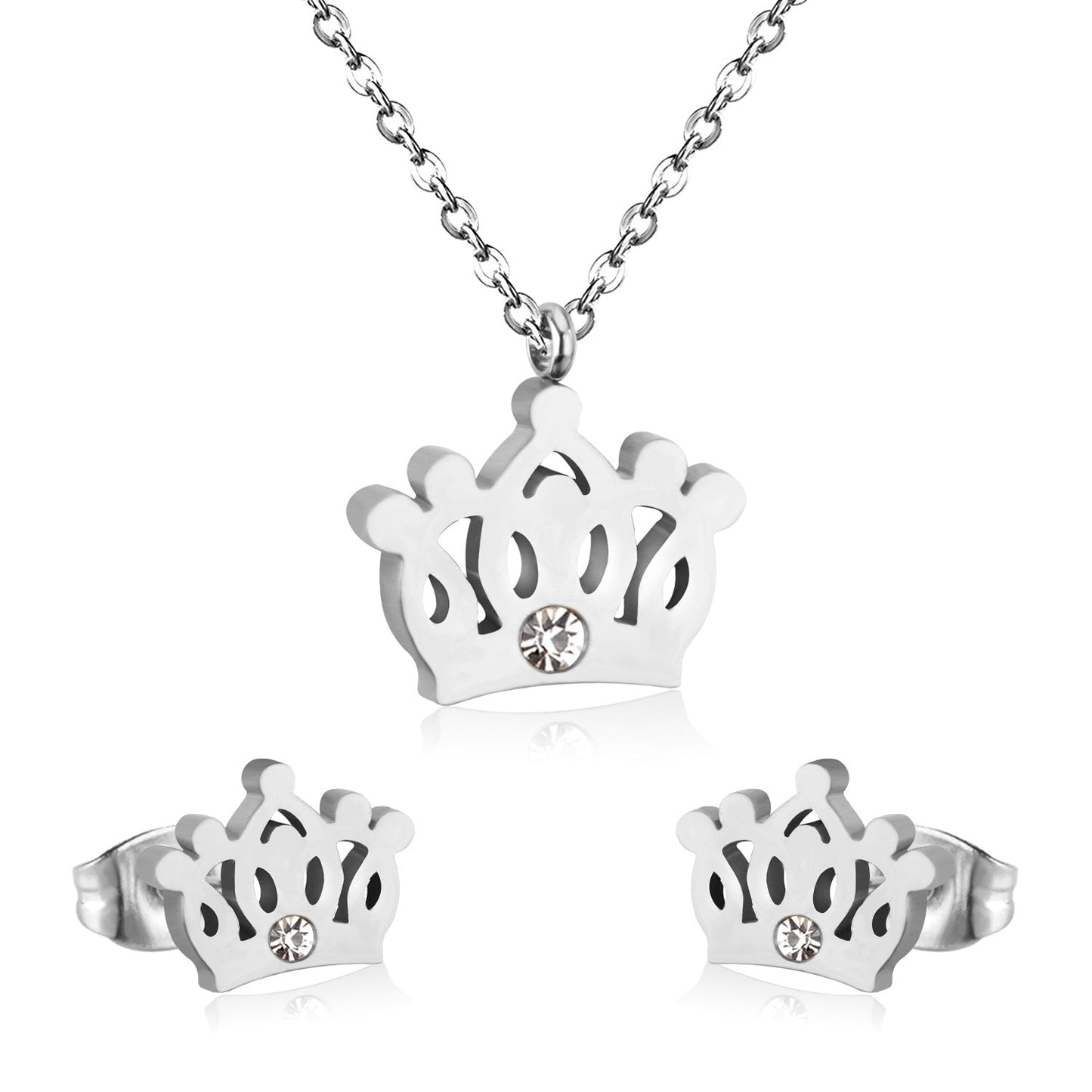 Gold/steel cut crown shape jewelry set with diamonds