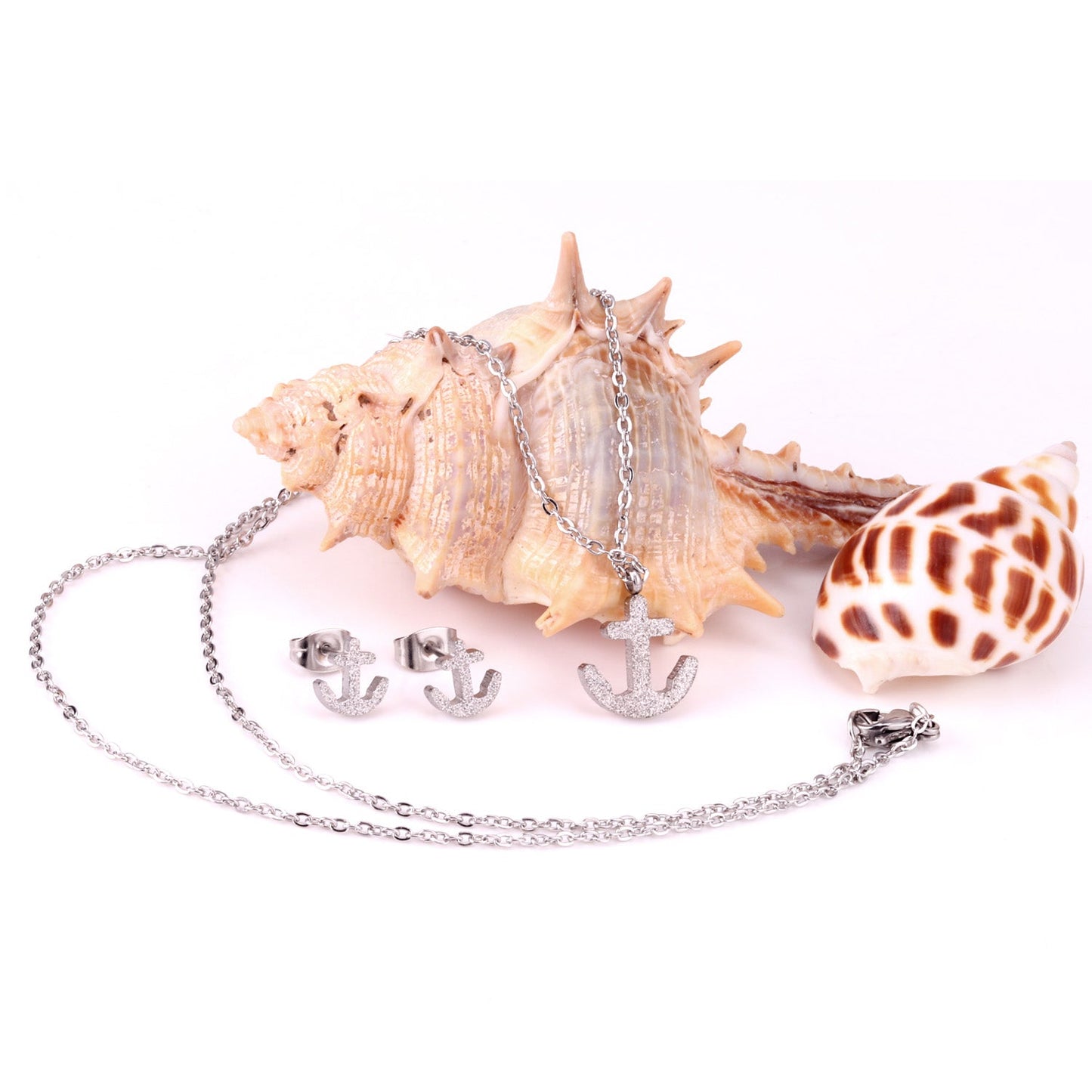 Gold/Steel Frosted/Smooth Cut Anchor Shape Jewelry Set with/without Diamonds