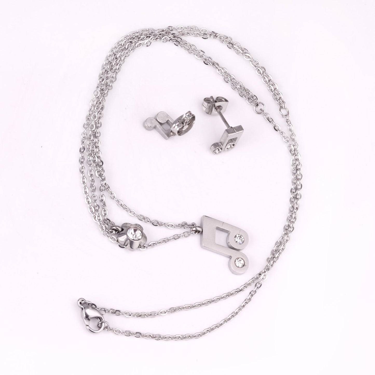 Gold/Steel Two Chain Pendant Jewelry Set with Diamond Music Symbol