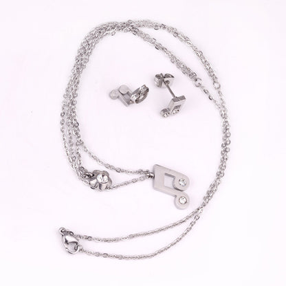 Gold/Steel Two Chain Pendant Jewelry Set with Diamond Music Symbol