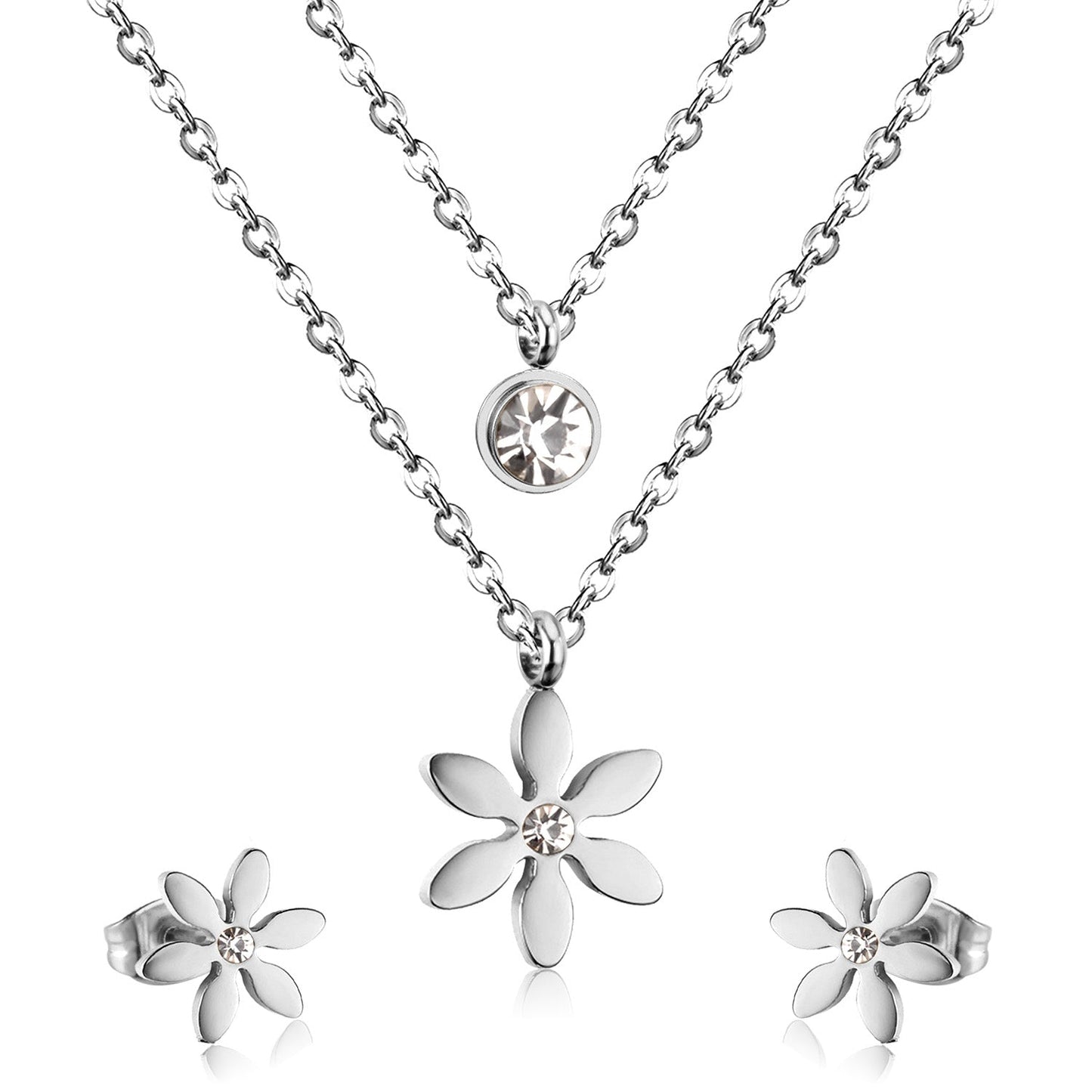 Gold/Steel Two-Chain Pendant Jewelry Set with Diamonds in the Shape of a Snowflake
