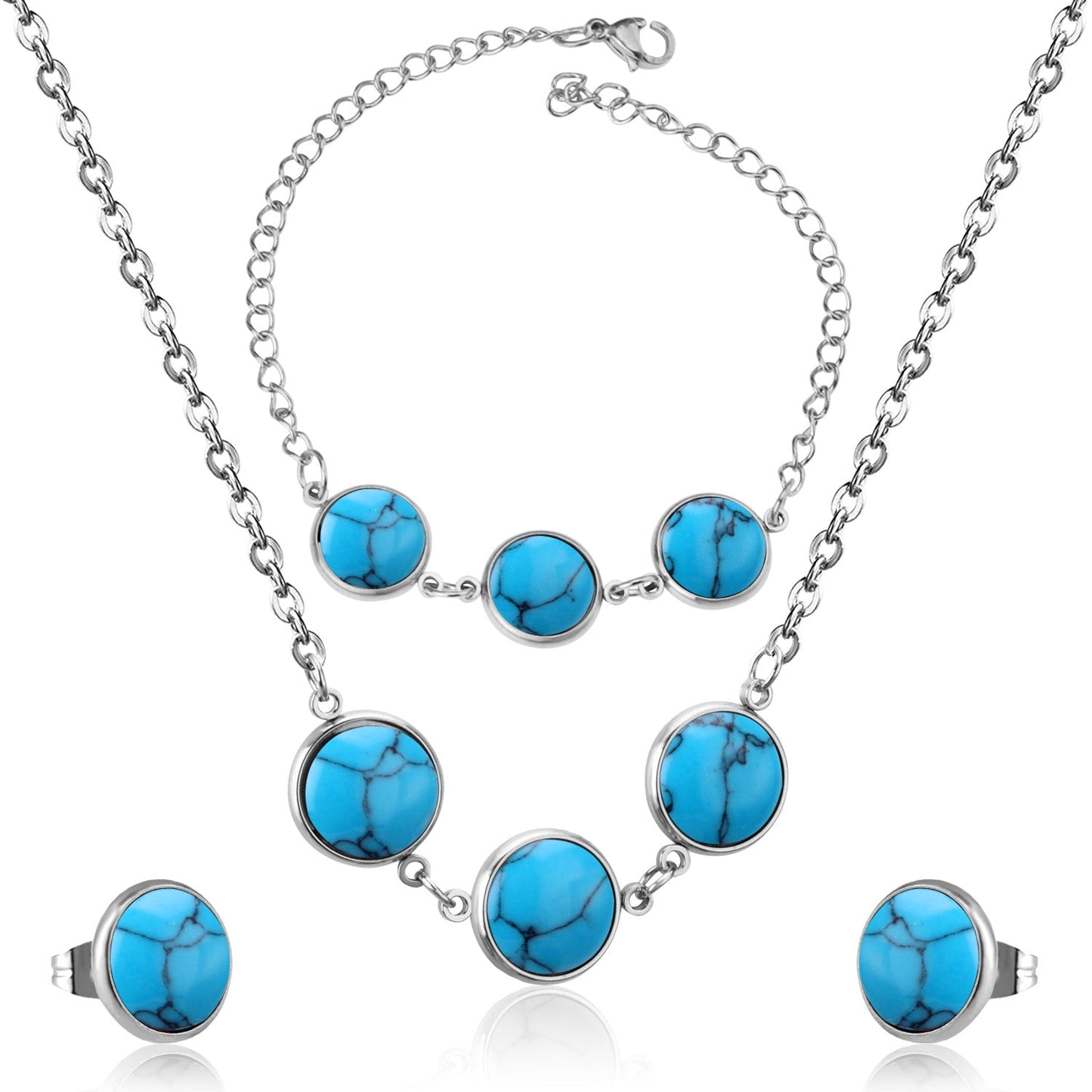 Steel/Gold Deep Red Chrysoberyl/Blue Turquoise/Red Turquoise + Bracelet Jewelry Set