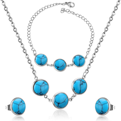 Steel/Gold Deep Red Chrysoberyl/Blue Turquoise/Red Turquoise + Bracelet Jewelry Set
