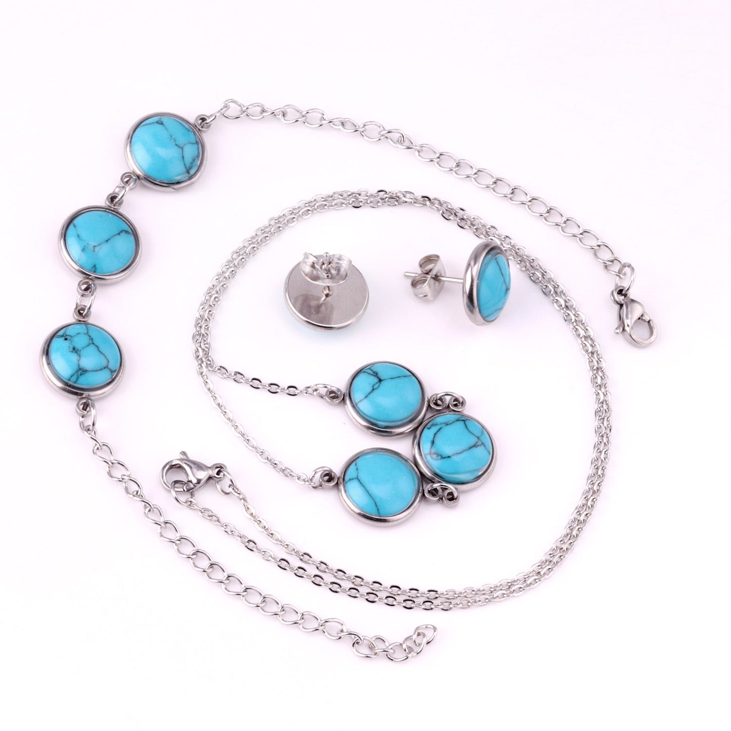 Steel/Gold Deep Red Chrysoberyl/Blue Turquoise/Red Turquoise + Bracelet Jewelry Set