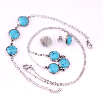 Steel/Gold Deep Red Chrysoberyl/Blue Turquoise/Red Turquoise + Bracelet Jewelry Set