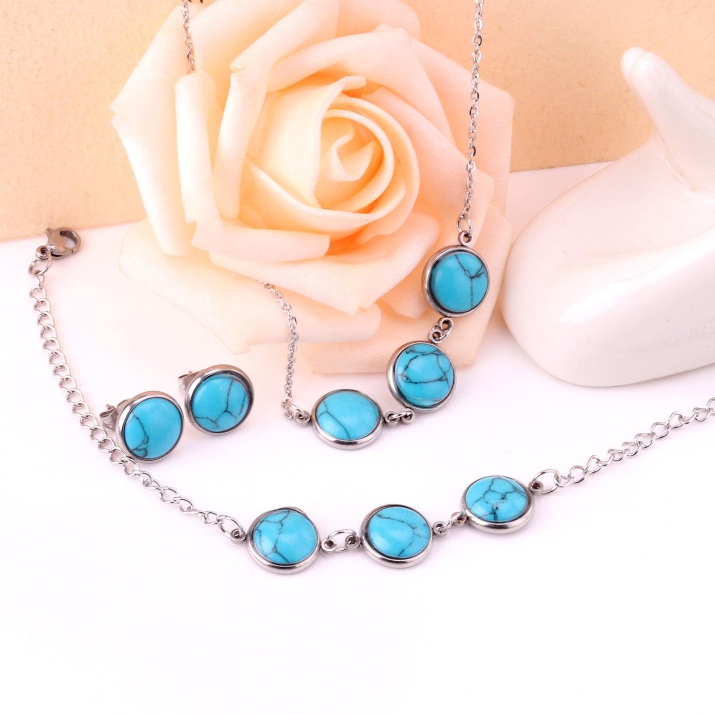 Steel/Gold Deep Red Chrysoberyl/Blue Turquoise/Red Turquoise + Bracelet Jewelry Set