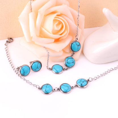 Steel/Gold Deep Red Chrysoberyl/Blue Turquoise/Red Turquoise + Bracelet Jewelry Set