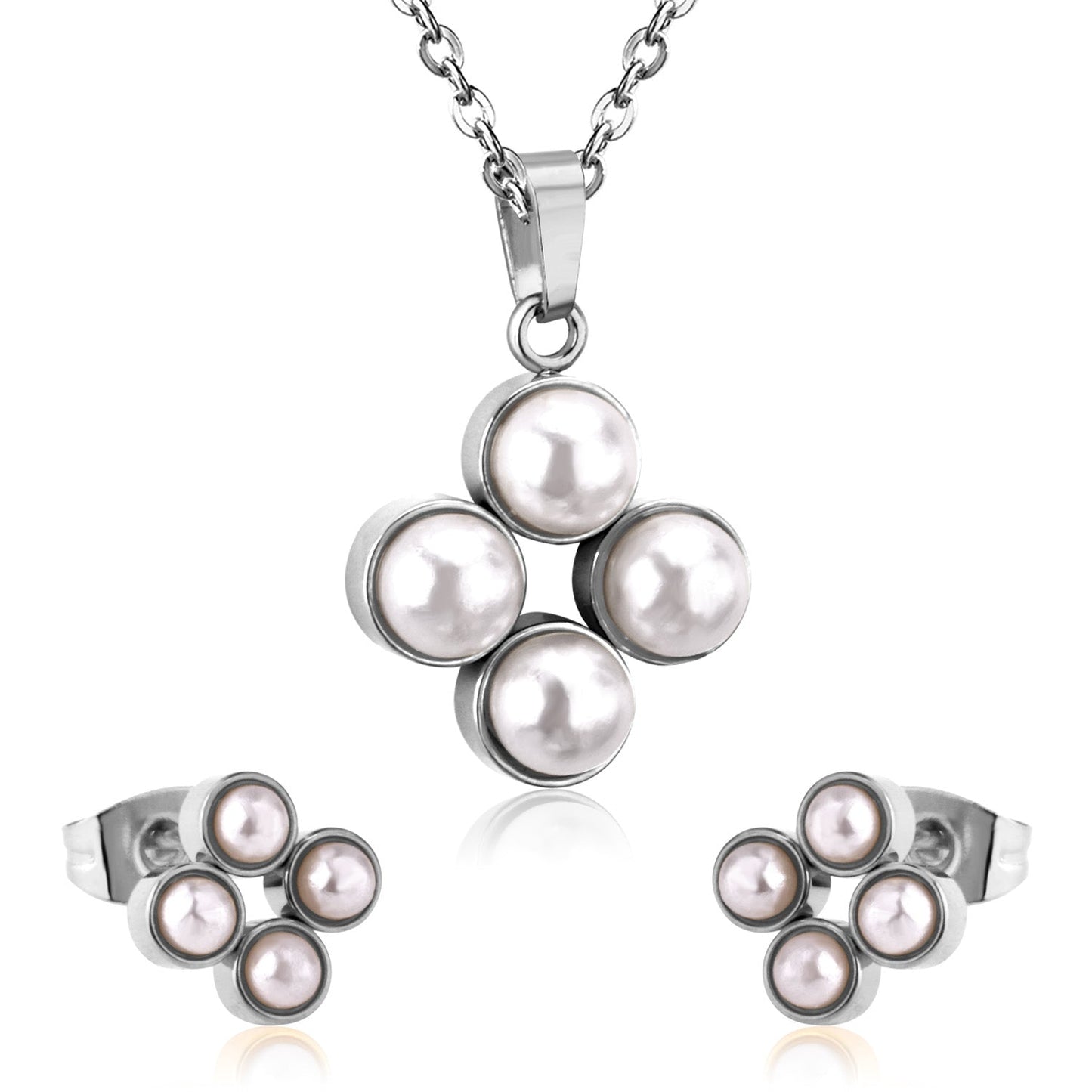 Steel/golden four-flower white pearl+diamond jewelry set