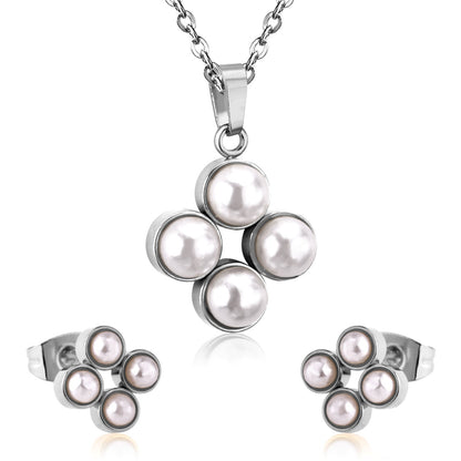 Steel/golden four-flower white pearl+diamond jewelry set
