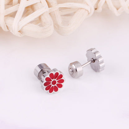 12 pairs 9mm Steel/Golden Flower Colorful/Dark Red Pat Plug Earrings