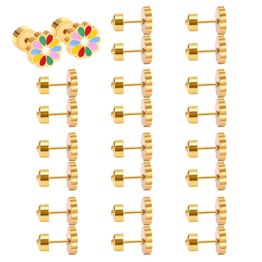 12 pairs 9mm Steel/Golden Flower Colorful/Dark Red Pat Plug Earrings
