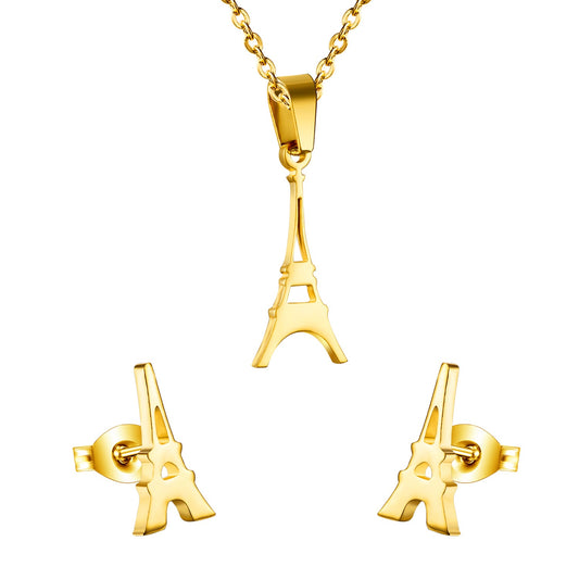 Gold/steel a small tower like pendant cut jewelry set without diamonds