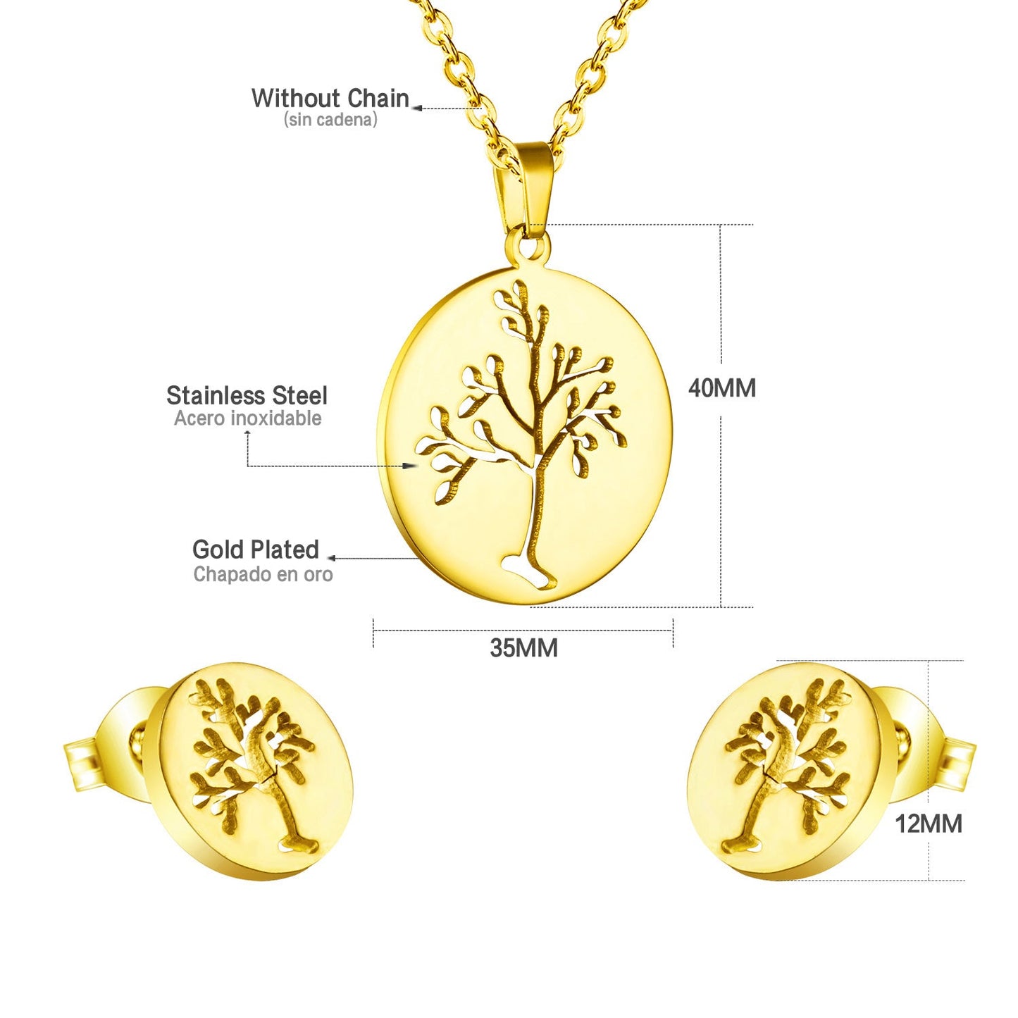 Gold/steel jewelry set with a beautiful tree look realized by cutting process