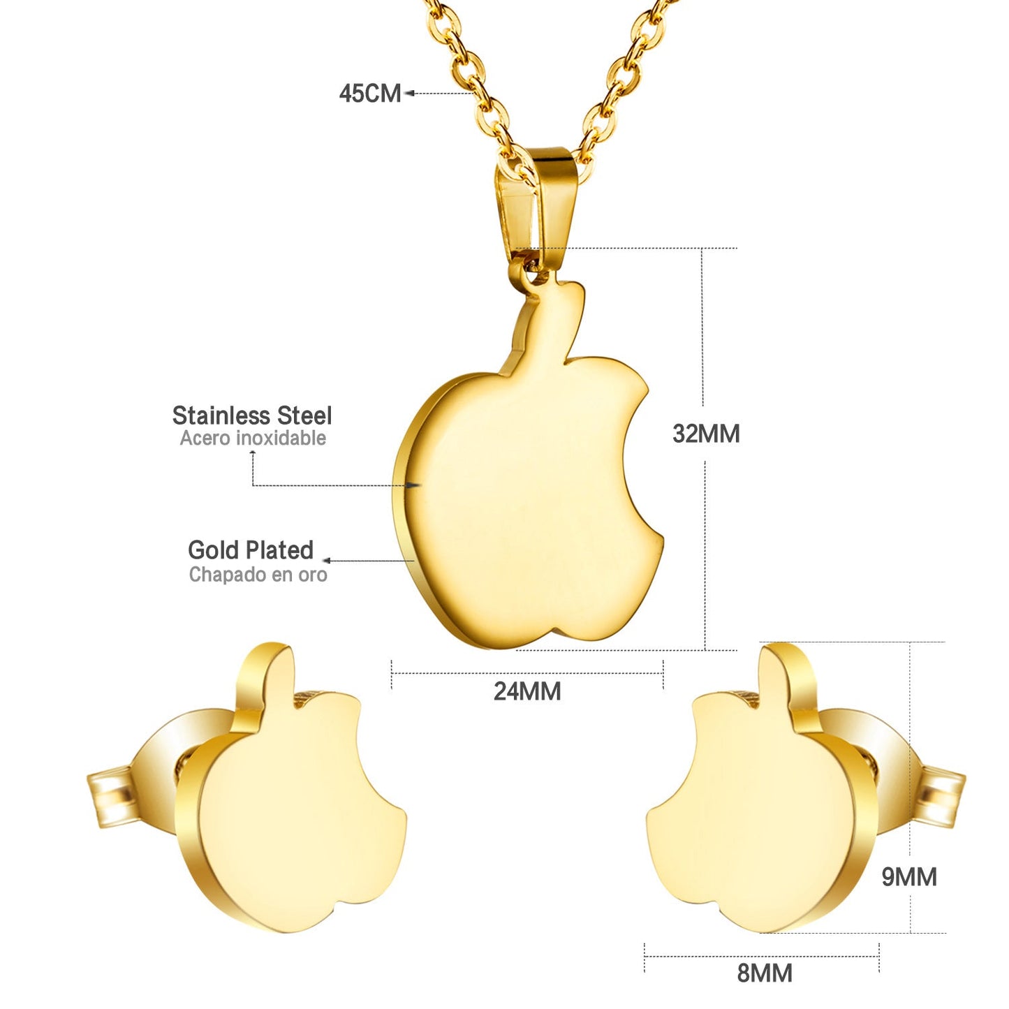 Set of jewels in gold/steel with a smooth surface of an apple with a bite.
