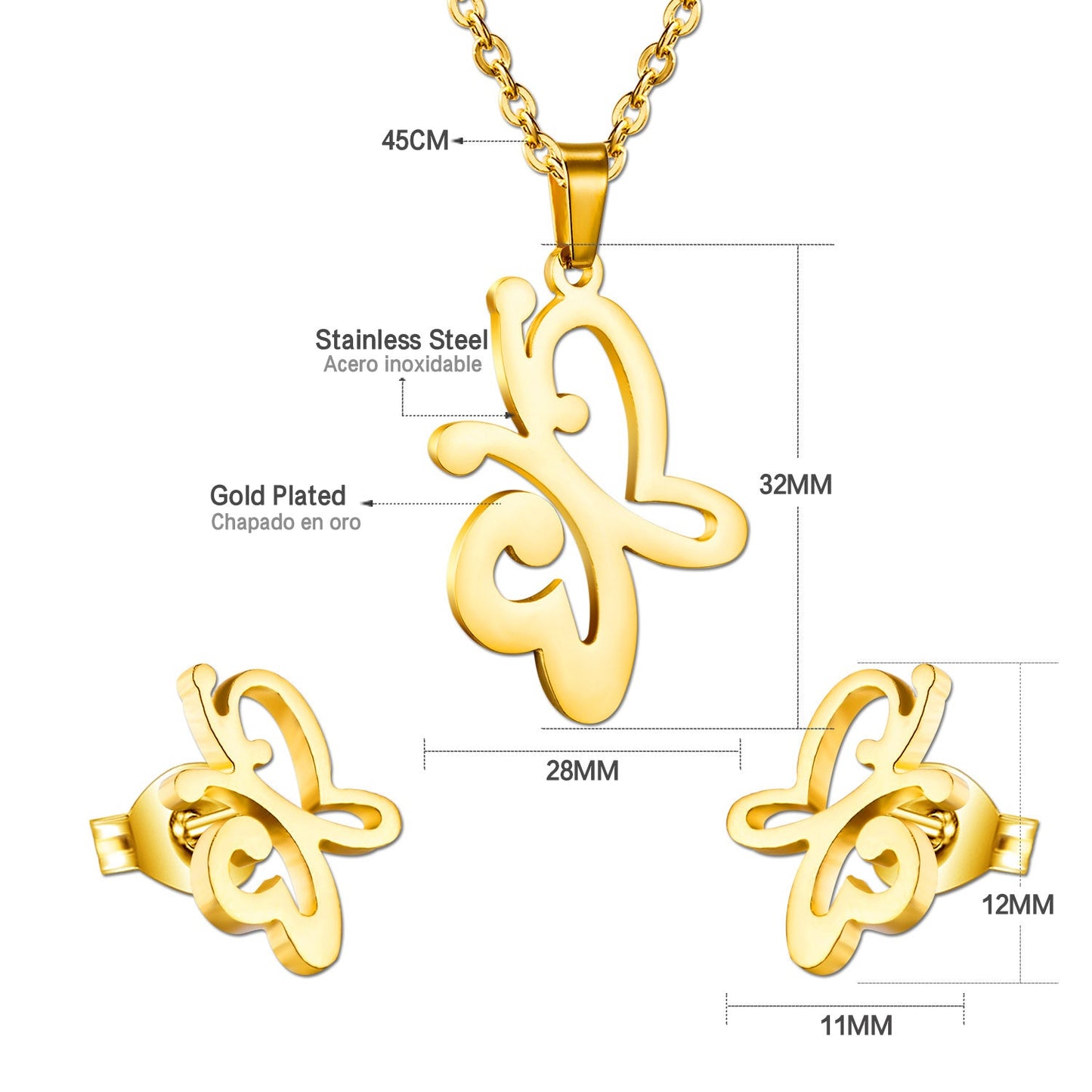 Gold/steel cut jewelry set in the shape of a butterfly with two tentacles without diamonds