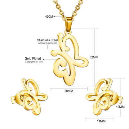 Gold/steel cut jewelry set in the shape of a butterfly with two tentacles without diamonds