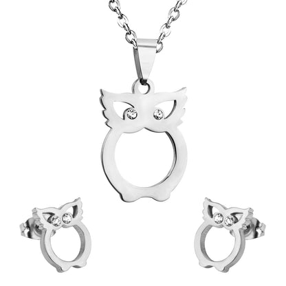 Gold/steel color owl with two eyes made of diamonds and a body with a hollow design and a smooth cut surface Jewelry Set