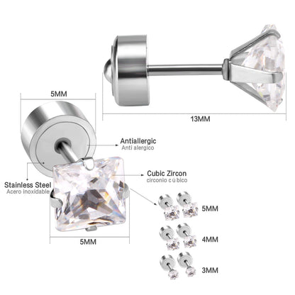 3mm - 5mm Steel Color Square Diamond Tap Plug Earrings