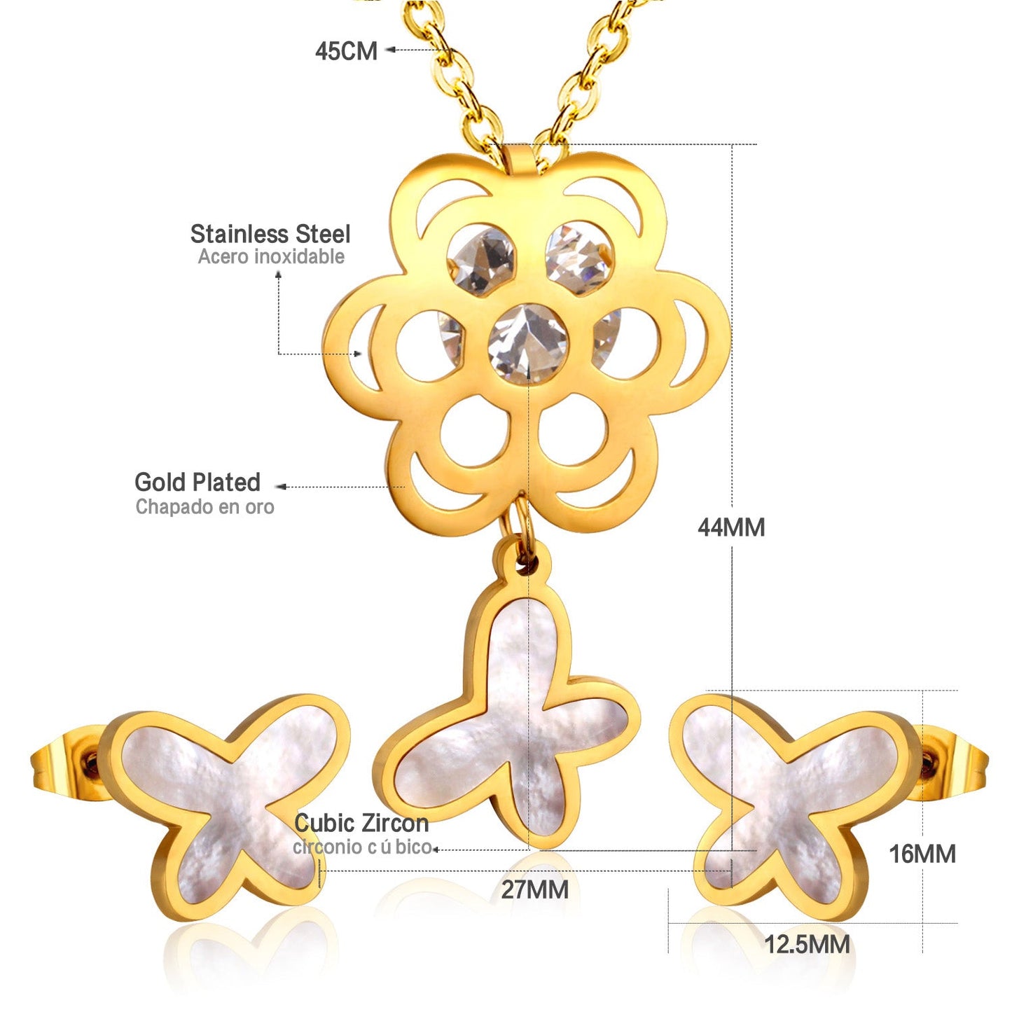 Golden Flower with Butterfly Pendant Surface Mounted Shells Jewelry Set