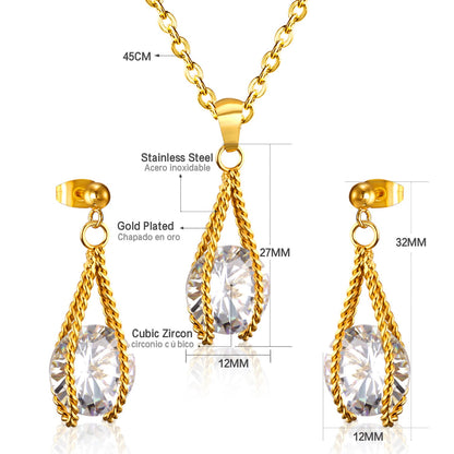 Steel/Gold Simple with Oversized Diamond Pendant Jewelry Set
