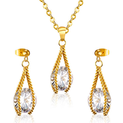 Steel/Gold Simple with Oversized Diamond Pendant Jewelry Set