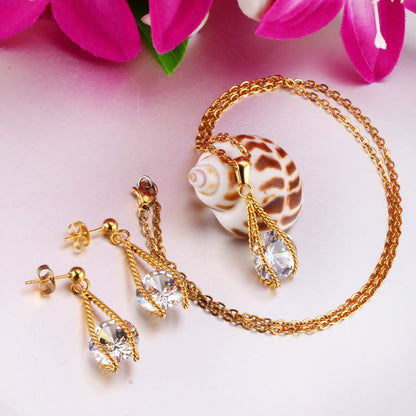 Steel/Gold Simple with Oversized Diamond Pendant Jewelry Set