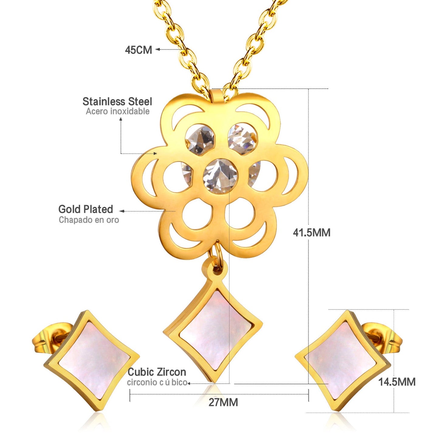 Gold Flower with Square Pendant Surface Set with Seashells Jewelry Set