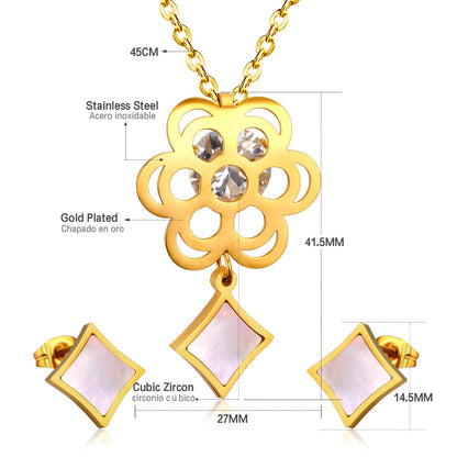 Gold Flower with Square Pendant Surface Set with Seashells Jewelry Set