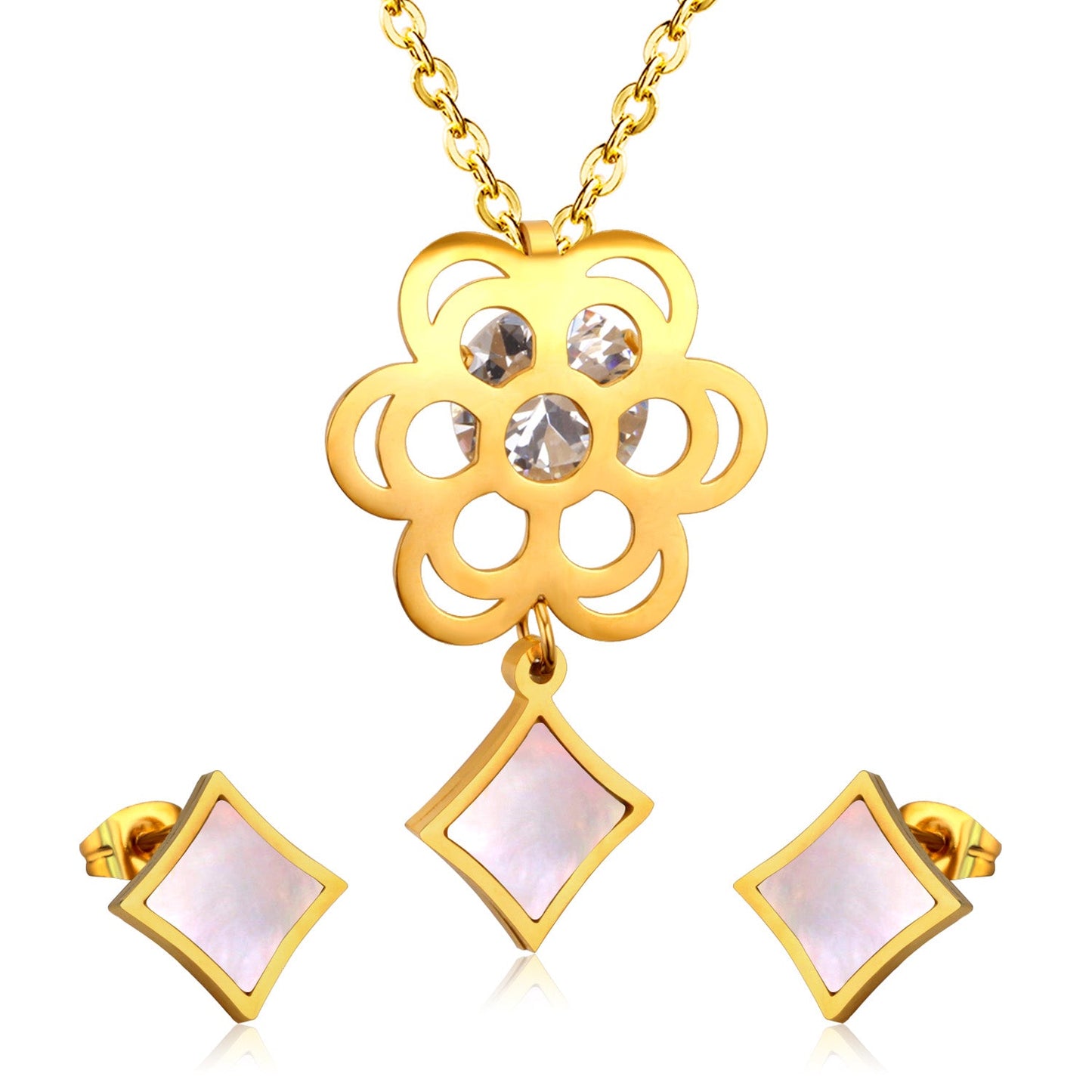 Gold Flower with Square Pendant Surface Set with Seashells Jewelry Set