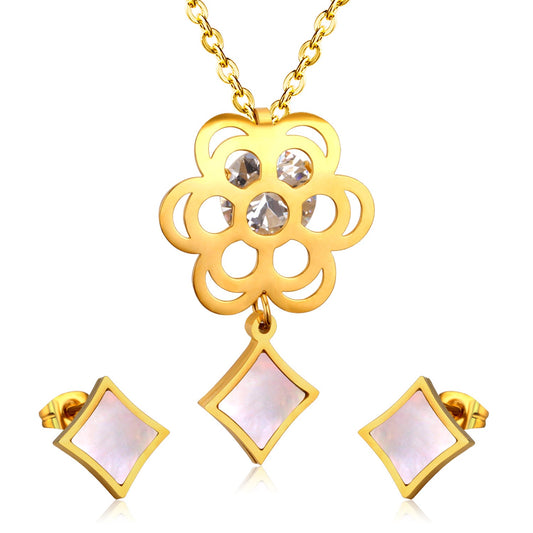 Gold Flower with Square Pendant Surface Set with Seashells Jewelry Set