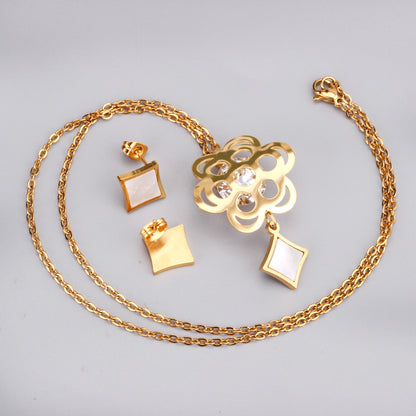 Gold Flower with Square Pendant Surface Set with Seashells Jewelry Set