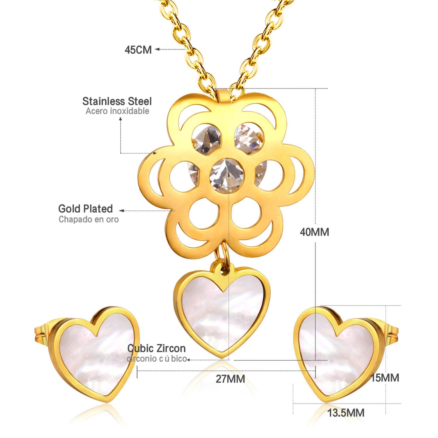 Golden Flower with Heart Pendant Surface Mounted Shells Jewelry Set