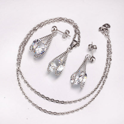 Steel/Gold Simple with Oversized Diamond Pendant Jewelry Set