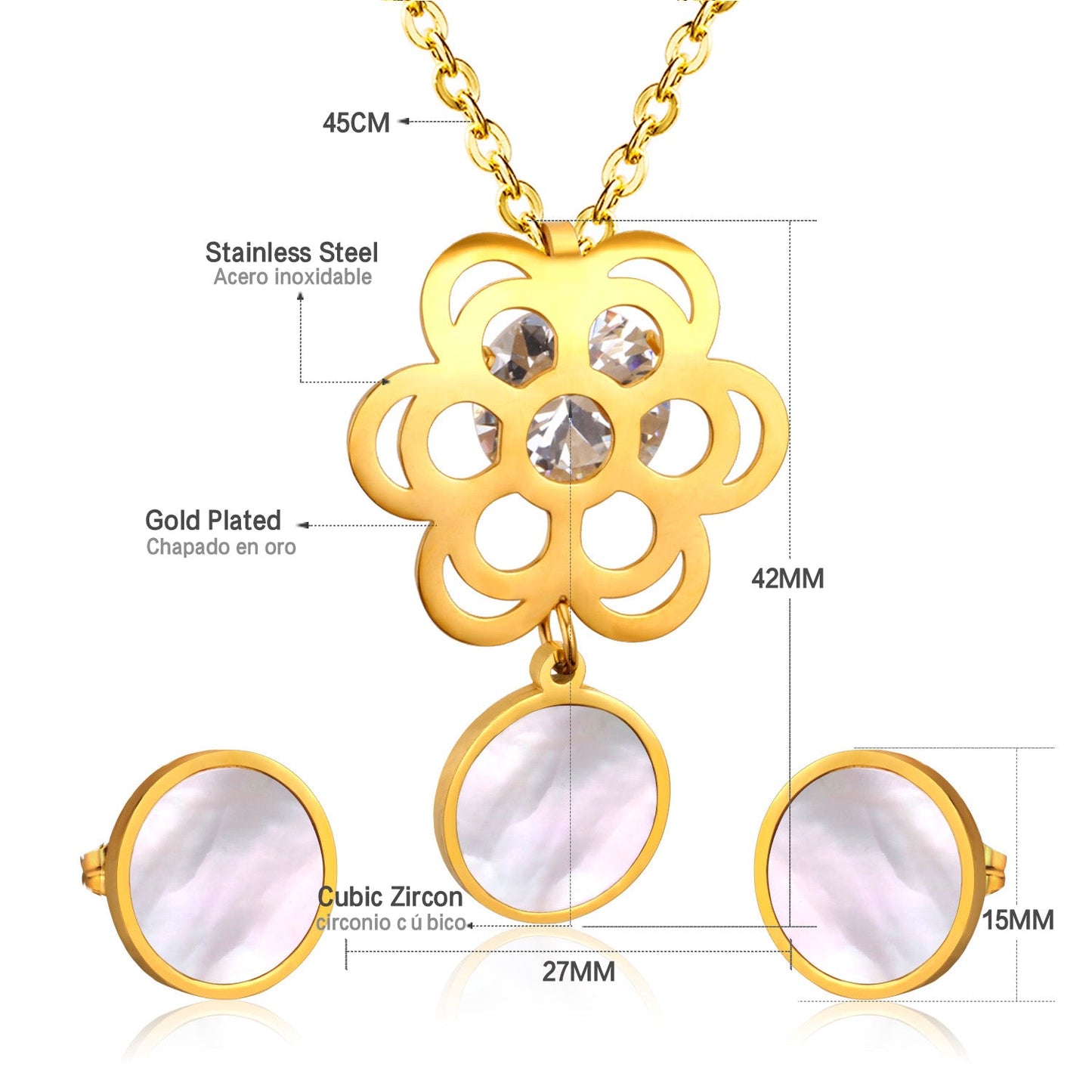 Golden Flower with Round Pendant Surface Set with Seashells Jewelry