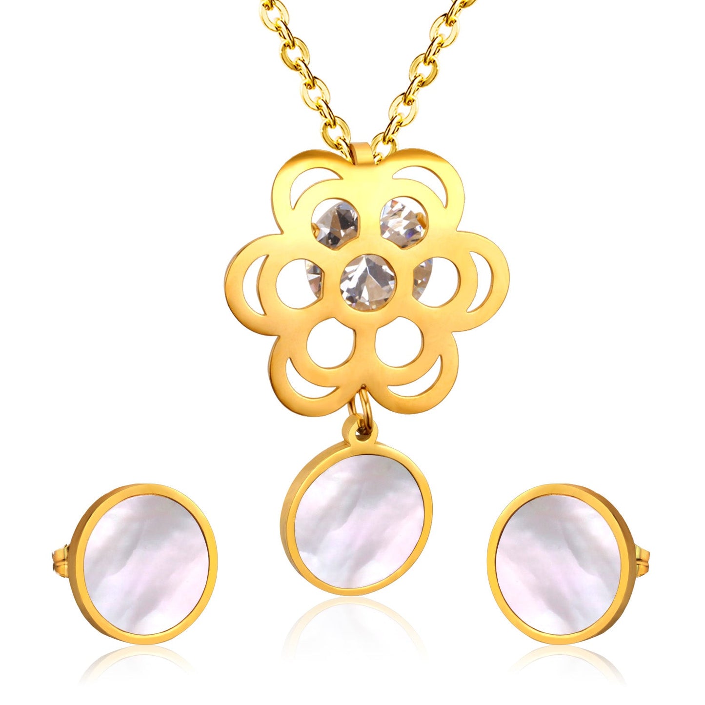 Golden Flower with Round Pendant Surface Set with Seashells Jewelry