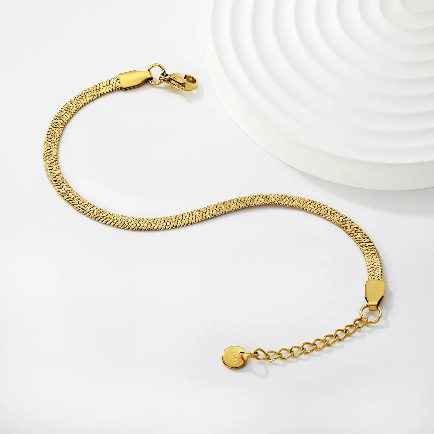 Wholesale Textured Herringbone Snake Chain Bracelet | Stainless Steel Flat Chain Bracelet in Gold or Silver